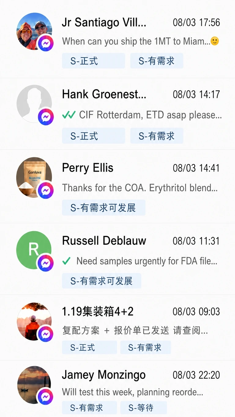 Messenger inquiries about allulose pricing and orders