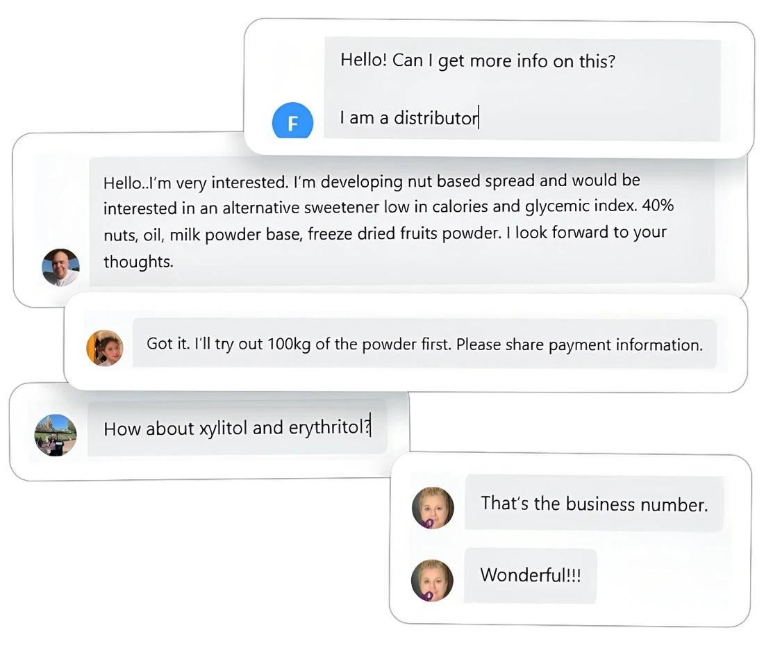 Chat conversation about a custom sweetener blend project